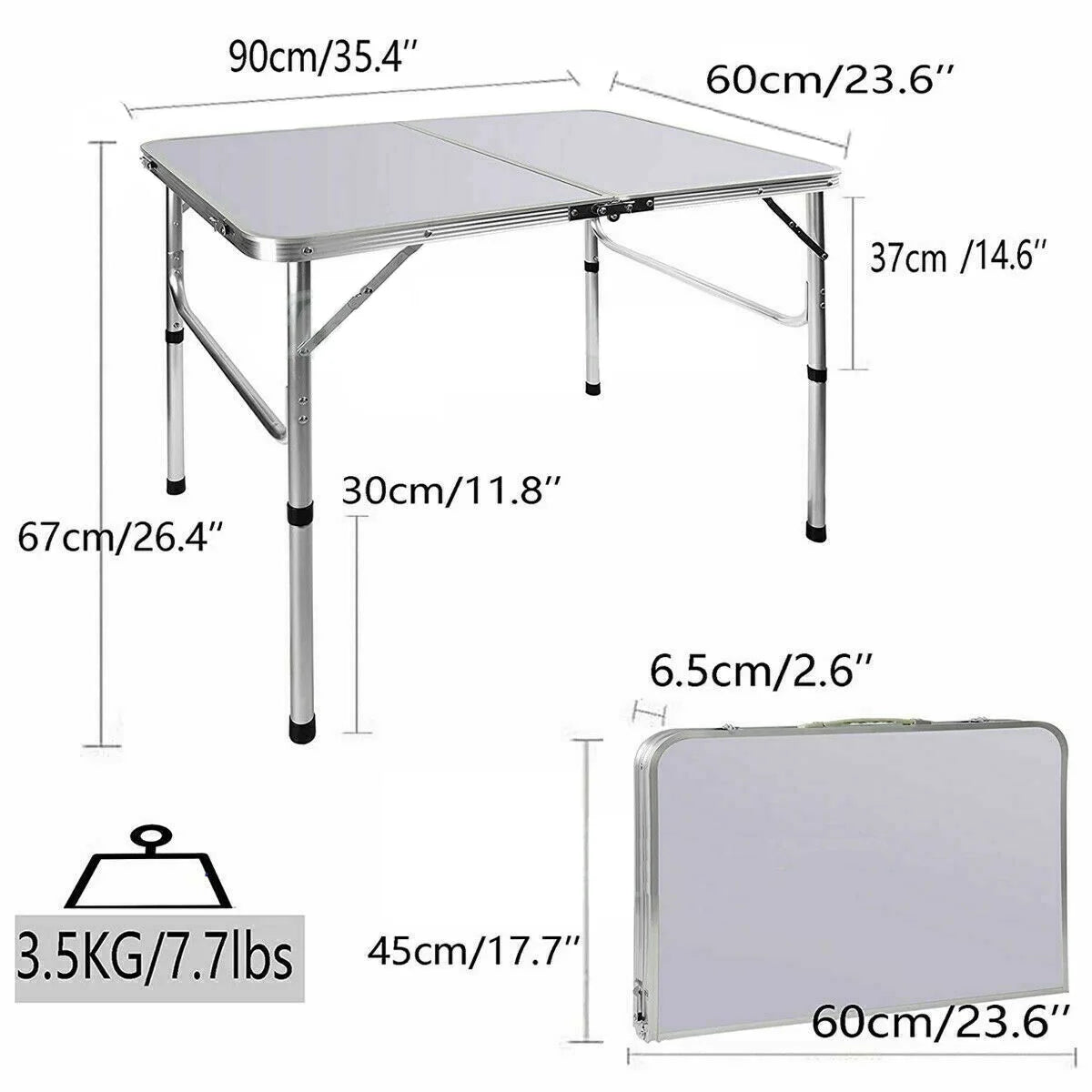 90x60x67cm Aluminium Camping Table, Portable Folding Table Small Picnic Table Laptop Desk TV Dinner Bed Home Office, White