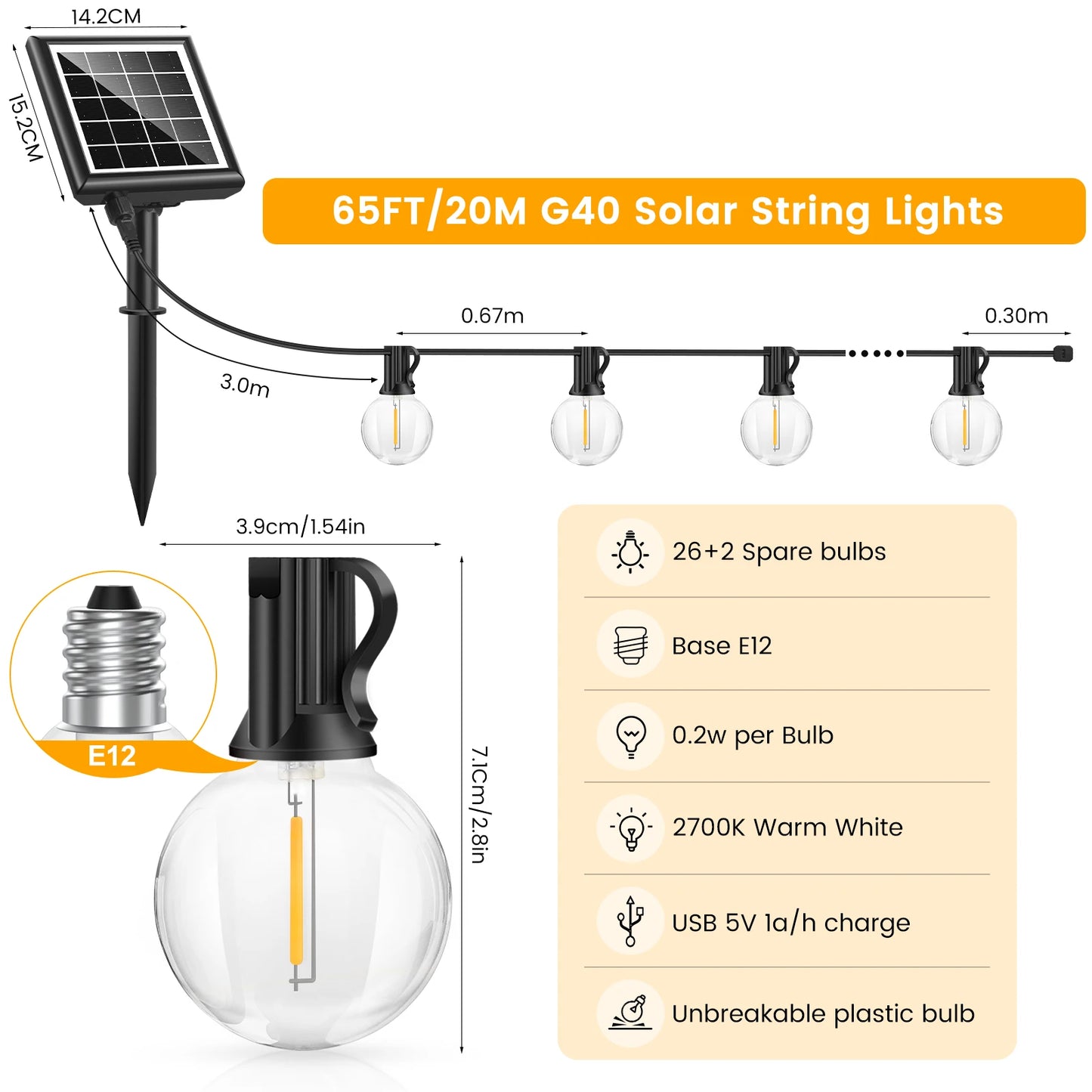 20M Solar String Lights LED FOR Camping Shatterproof Bulbs Mood Fairy lamps Outdoor Lighting for Garden Wedding Decor