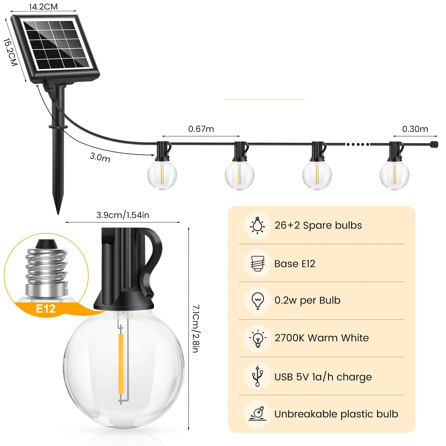 Solar G40 String Lights with Remote 20M