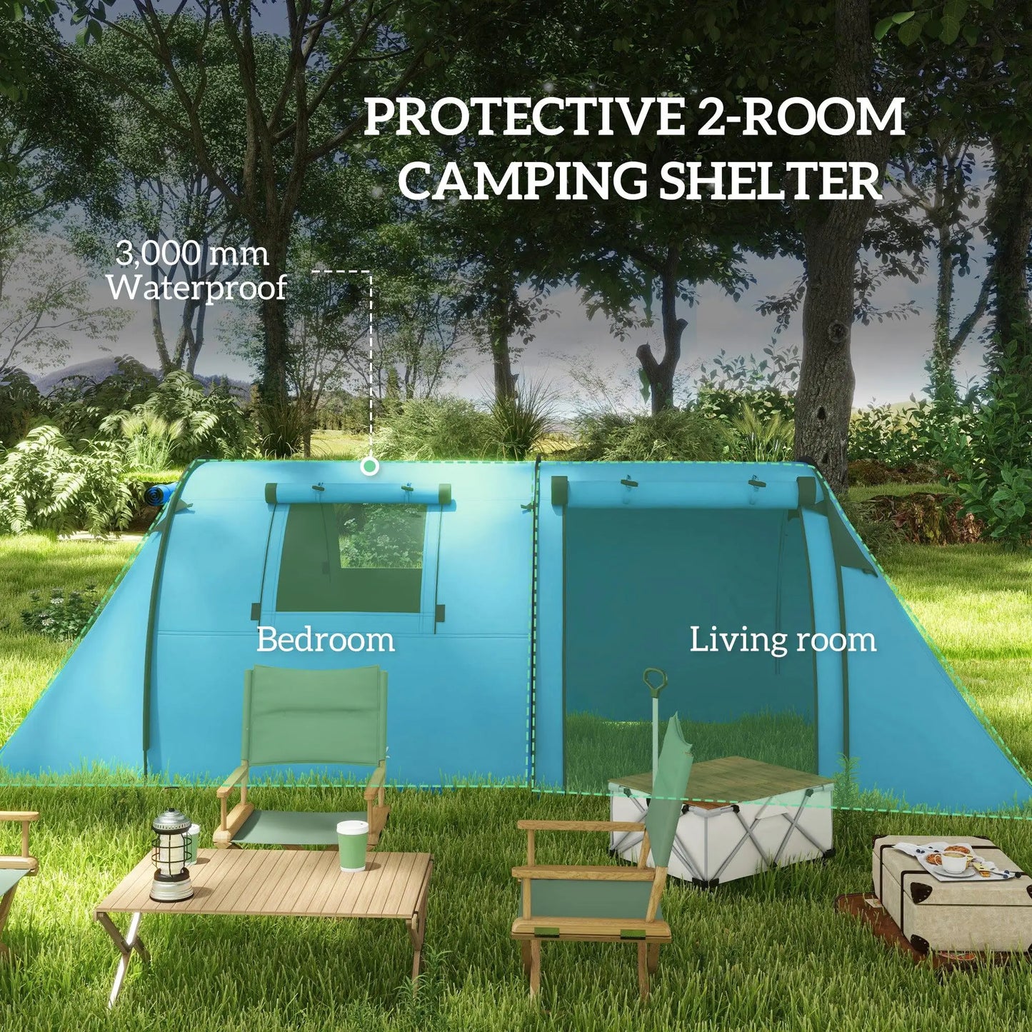 4-Person Waterproof Tunnel Tent – Large Family Camping Tent with 2 Rooms, 3000mm Rain Protection, Sky Blue | FORTREK Carefully Selected Gear