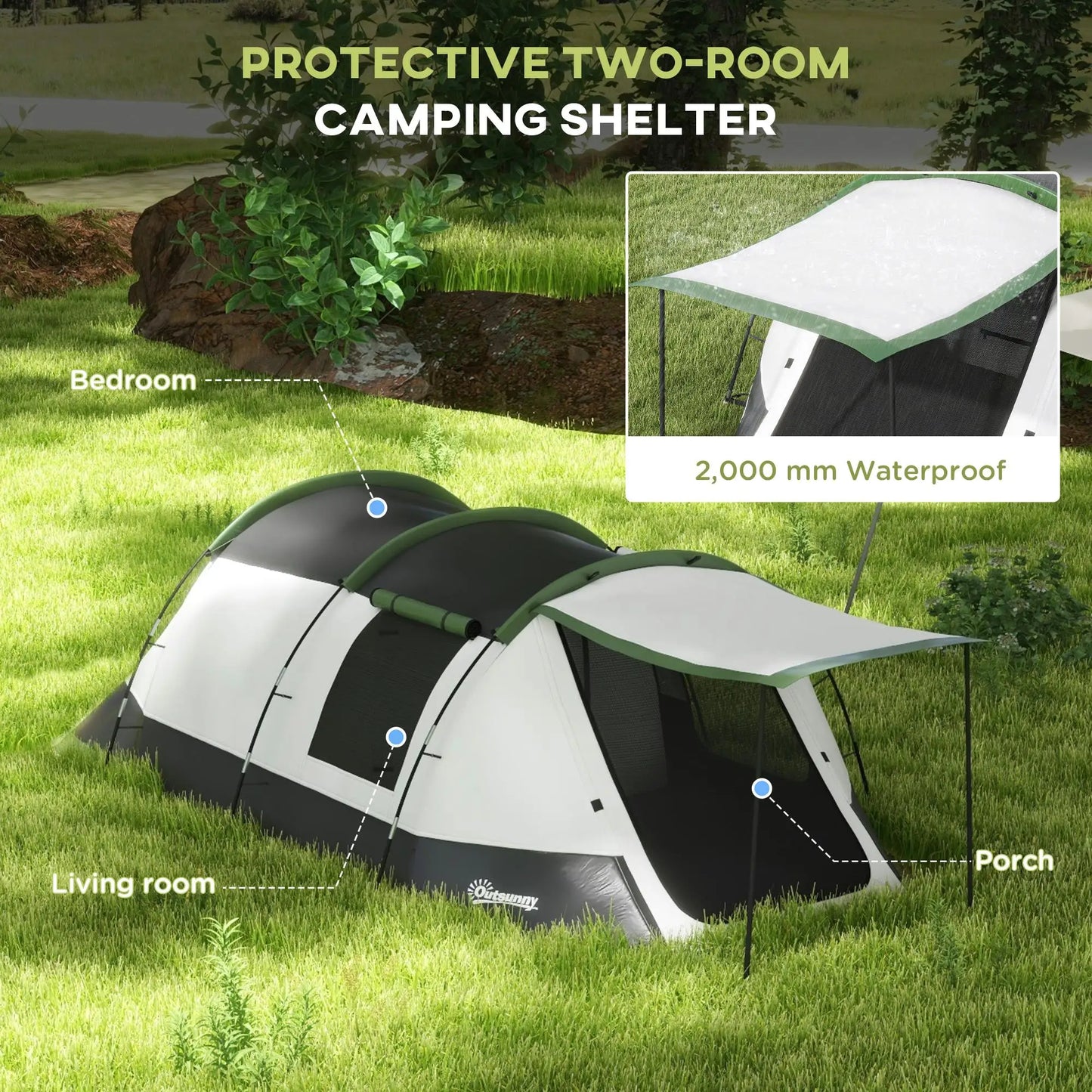 Premium 3-Person Camping Tent with Two Rooms, Porch & 2000mm Waterproof Protection – Green | FORTREK Carefully Selected Gear