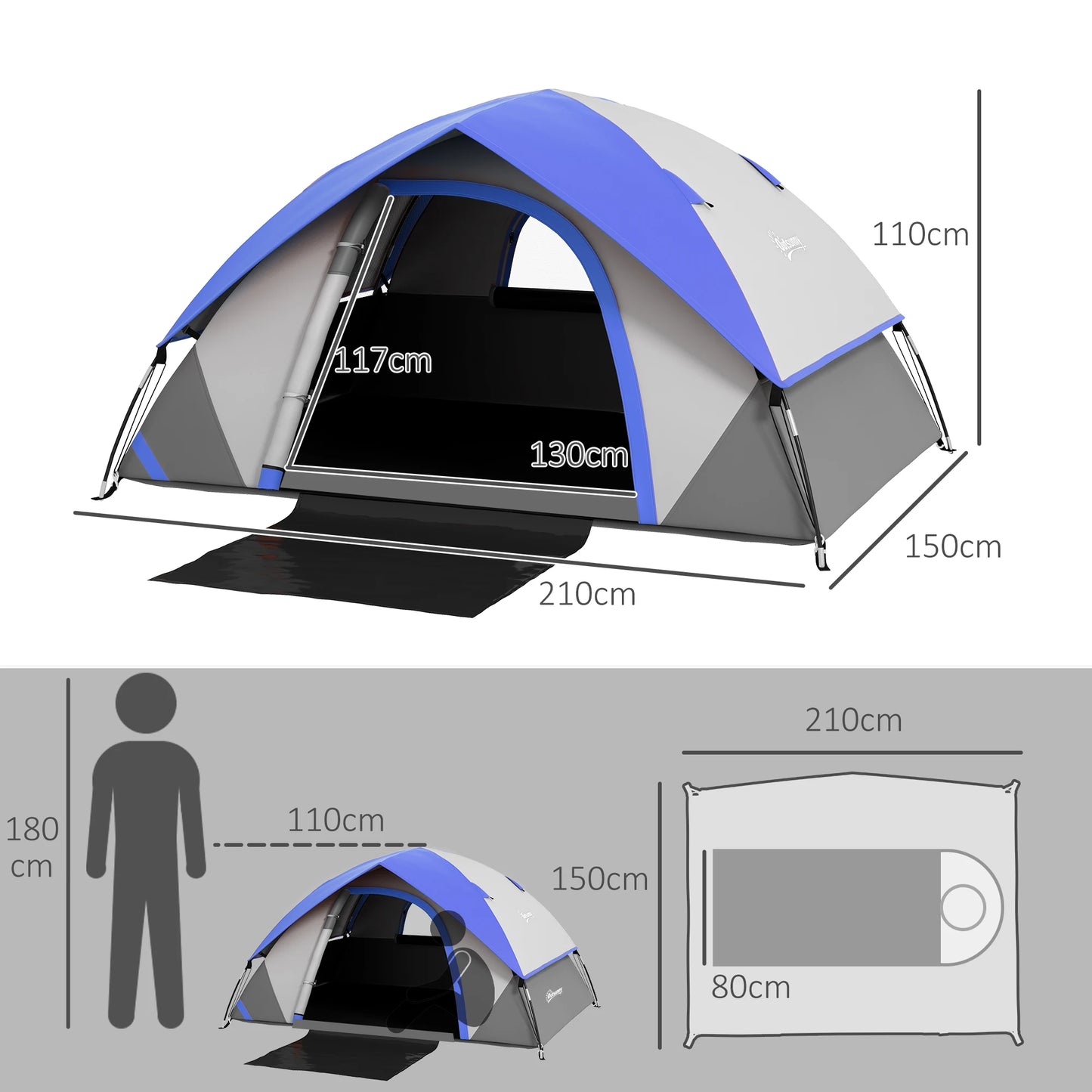Outsunny 2-Person Dome Camping Tent – 3000mm Waterproof, Lightweight, Sewn-in Groundsheet, Carry Bag – Grey & Dark Blue | FORTREK Carefully Selected Gear
