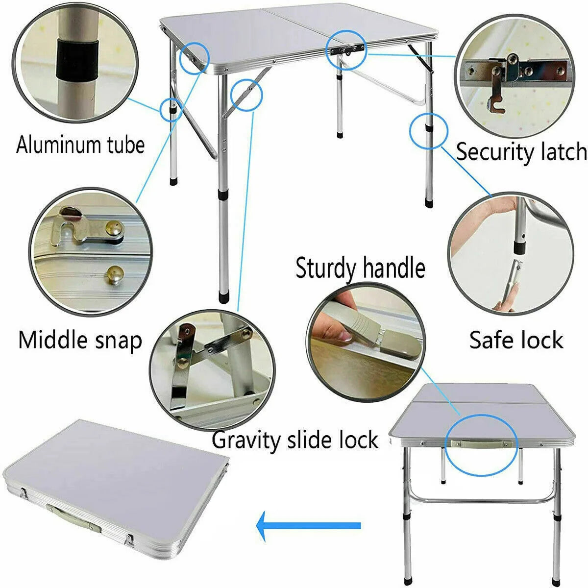 90x60x67cm Aluminium Camping Table, Portable Folding Table Small Picnic Table Laptop Desk TV Dinner Bed Home Office, White