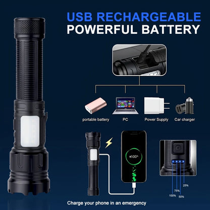 20W Super Bright Tactical White Flashlight Rechargeable With Battery Portable LED light Outdoor Camping Hiking Hunting Torch