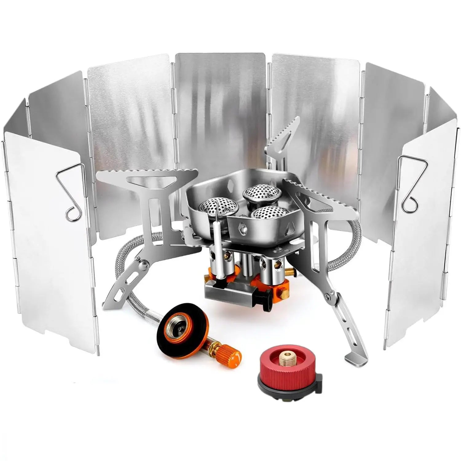 Camping Stove Portable 3-Burner with Windscreen and Fuel Adapter