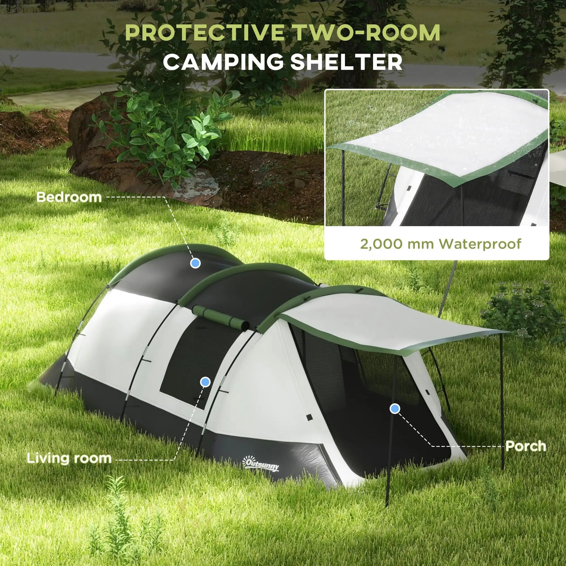 Premium 3-Person Camping Tent with Two Rooms, Porch & 2000mm Waterproof Protection – Green | FORTREK Carefully Selected Gear