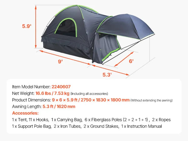 Waterproof Pickup Truck Bed Tent for 2–3 Persons – Camping Tent with Rainfly & Air Vents – Fits 5.0–5.2ft Beds – Quick Setup – Outdoor Adventure Shelter | FORTREK Carefully Selected Gear