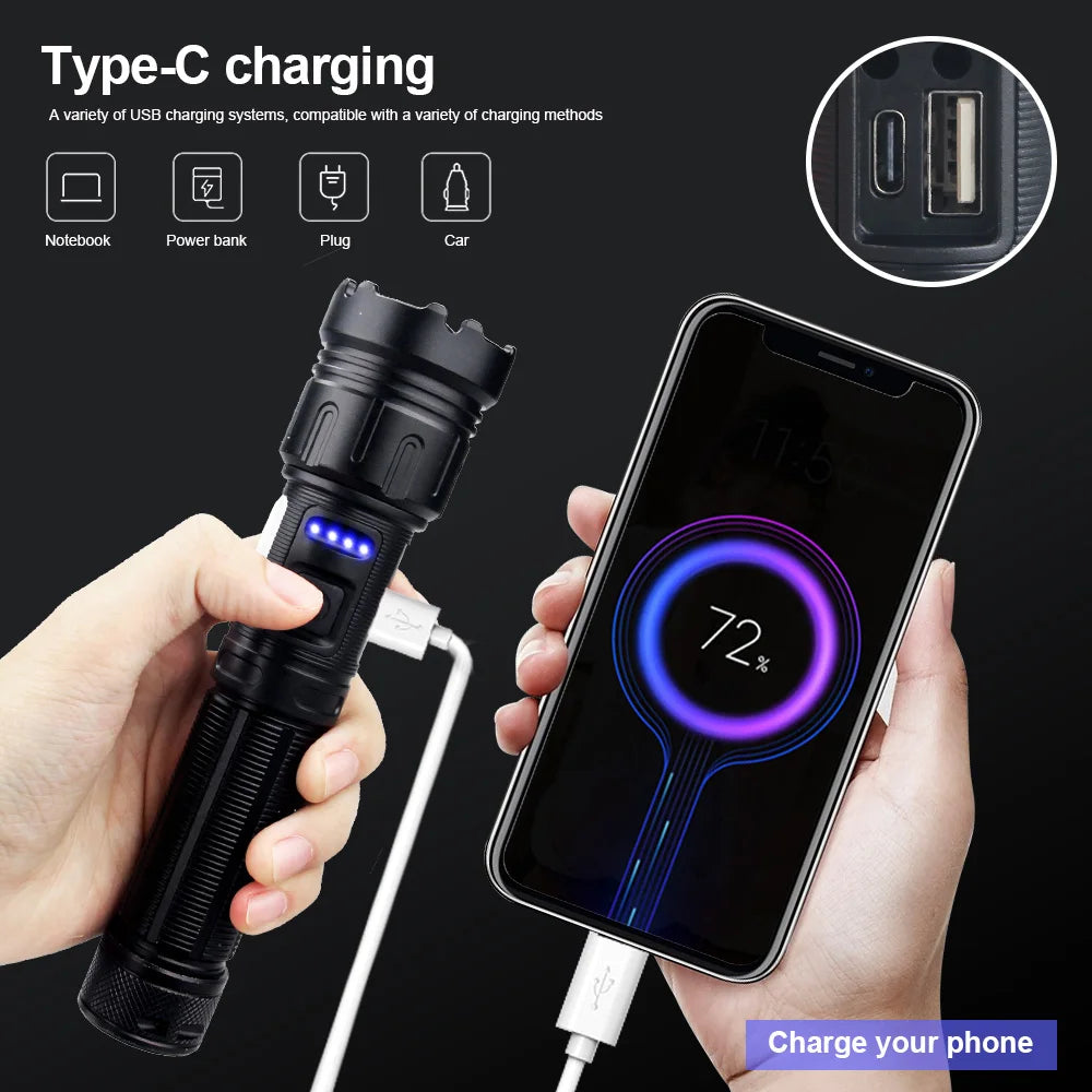 20W Super Bright Tactical White Flashlight Rechargeable With Battery Portable LED light Outdoor Camping Hiking Hunting Torch