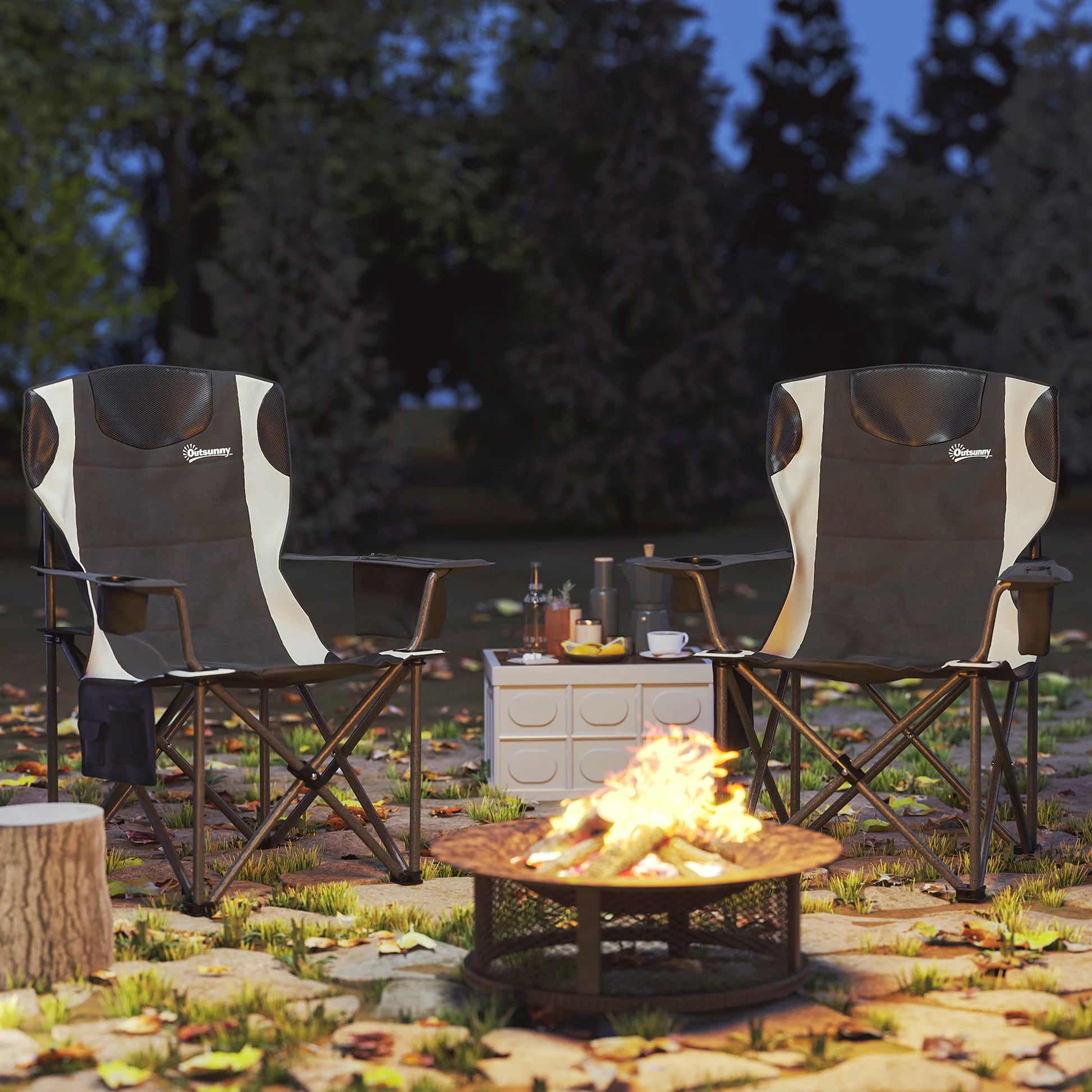 Set of 2 Padded Folding Picnic Chairs with Cooler Bag – Black