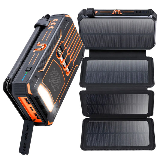 Portable Solar Power Bank with LED Flashlight and Dual USB Outputs