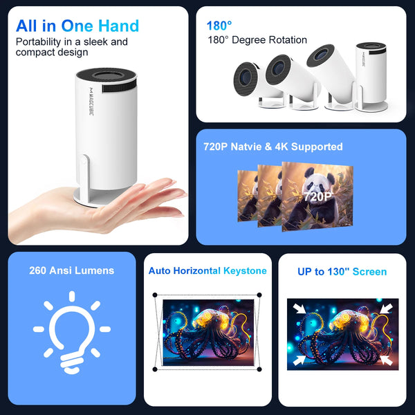 Portable Mini Projector 260 ANSI Android 11 WiFi6 BT5.0 Home Cinema 2